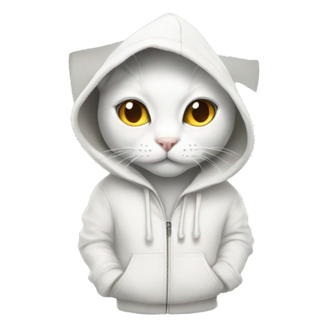 A white cat wearing a hoodie sticker