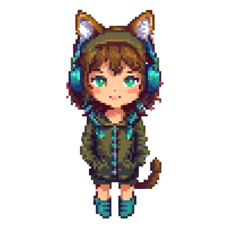 Change the girl to appear Caucasian and portray her as a night coder, with a nighttime background, keeping the pixel art style and cat headphones. Preserve transparent background if possible. sticker