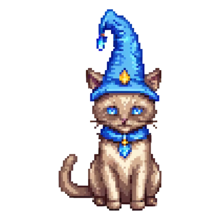 A pixel art image of a Siamese cat wizard with a blue hat. sticker