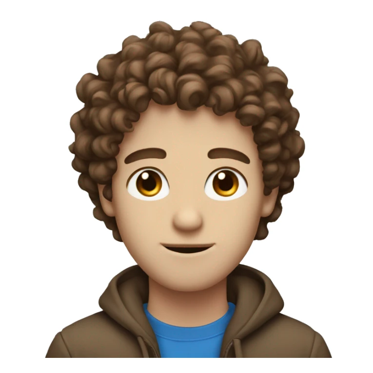 white guy with blue eyes and brown curly hair with a writing with @ sticker