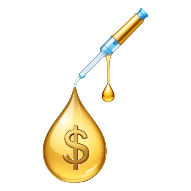 pipette dripping a golden drop, drop contains a dollar sign sticker