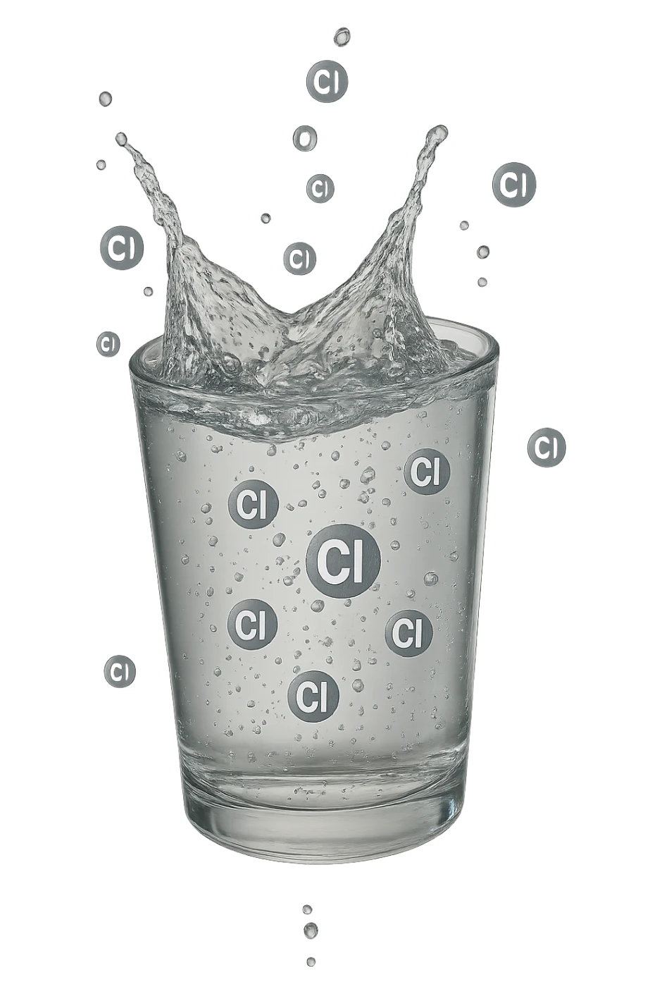 un bicchiere di acqua cade verticalmente dall'alto realistico e dettagliato, dentro l'acqua del bicchiere ci sono particelle di cloro ben visibili con la scritta "Cl" sopra, ci sono particelle anche che escono dal bicchiere e fluttuano in aria verticalmente, mentre alcune sono all'interno dell'acqua nel bicchiere, iperrealistico 4k sticker