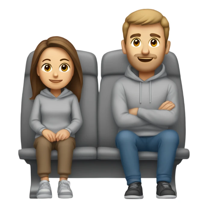 airplane, featuring a white woman with long brown hair, dressed in a soft grey sweatshirt and sweatpants. She’s sitting next to her husband, a white man with short brown hair, who’s also wearing a matching grey sweat suit.  sticker