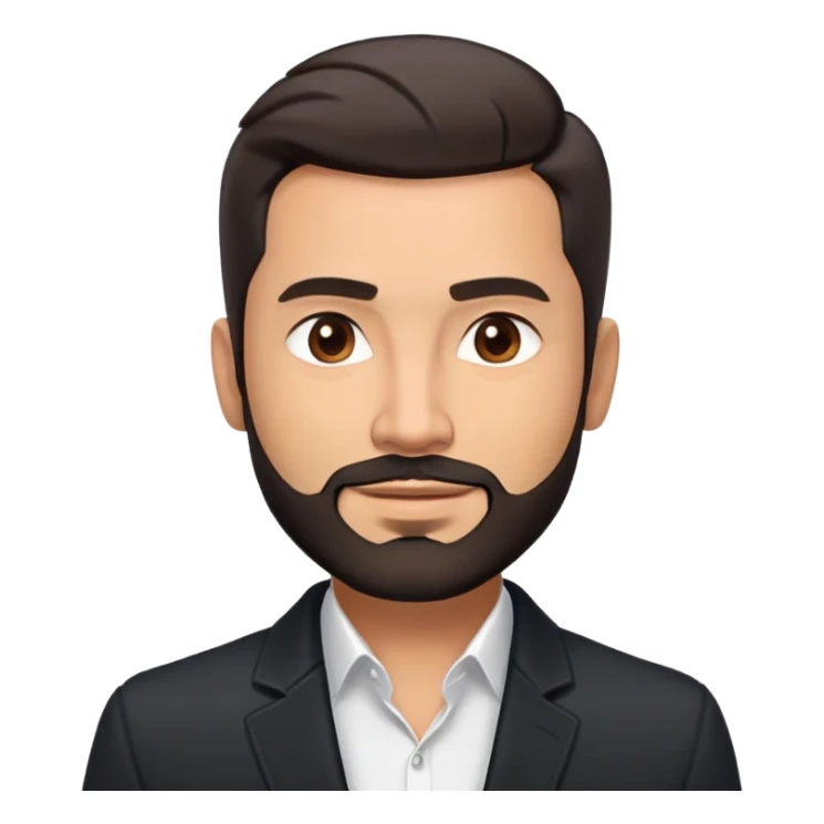 Good-looking broad-shouldered TV host in his mid-40s with light brown skin, short black hair with defined fade, light scruff beard, square face with pronounced jawline, friendly expression, open black jacket, white shirt with open collar and no tie sticker