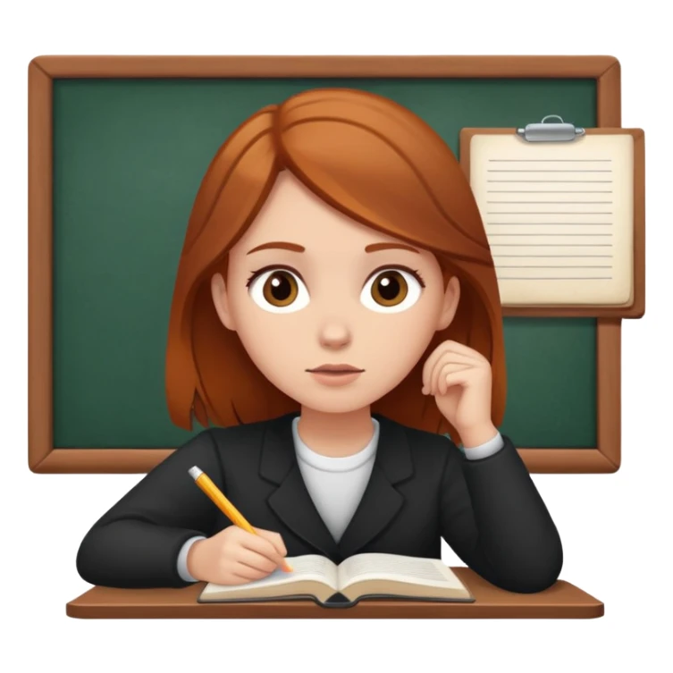 Make an emoji of a student thinking while studying. the student should be a white girl with brown hair with a slight tone of ginger.  sticker
