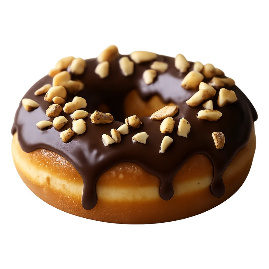 Isolate the realistic glazed donut with soft lighting, chocolate glaze with chopped nuts on a transparent background, removing all other background elements. sticker