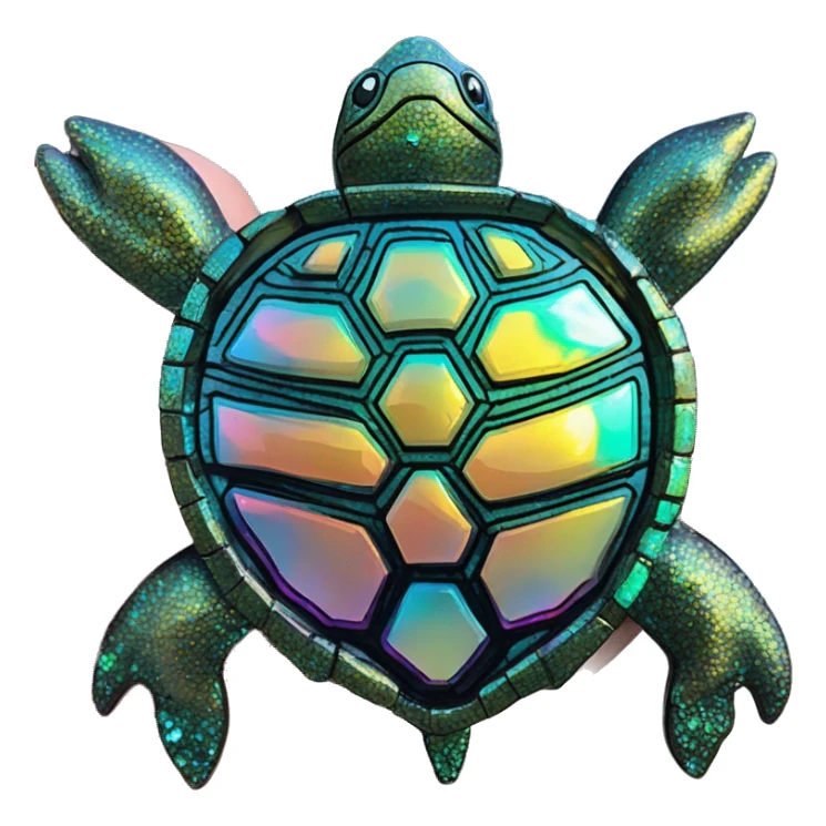 Sparkling Turtle made from kaleidoscopic crystalline rainbow oilslick cyan glass, stained glass art sticker