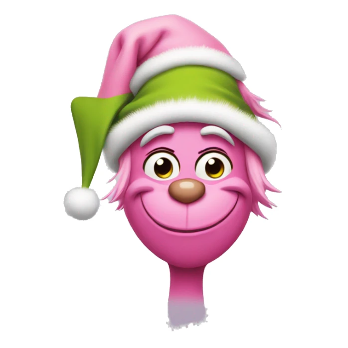 grinch face with a smirk wearing a light pink santa hat sticker