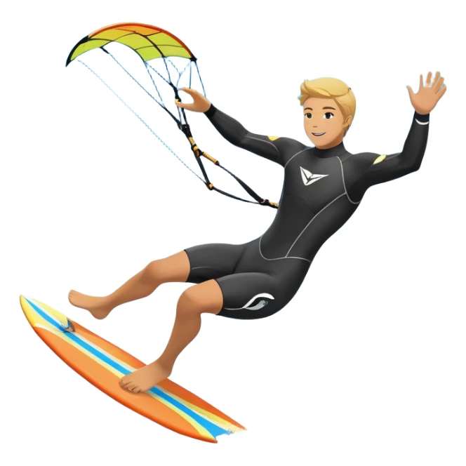 An athlete in a wetsuit riding a winged kiteboard, soaring above the waves with a powerful breeze beneath a clear blue sky. The scene captures the dynamic motion of the sport, with the ocean waves and kite gliding through the air, symbolizing freedom and adventure. sticker