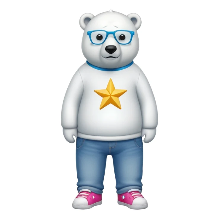 friendly anthropomorphised polar bear standing upright, looking chilled and unbothered, wearing a shirt, jeans, trainers, star-shaped colorful glasses sticker