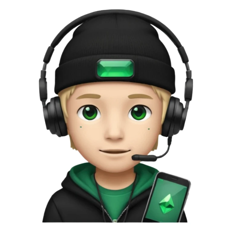 garcon avec un bonnet noir avec un emeraude dessus et un casque gaming sticker
