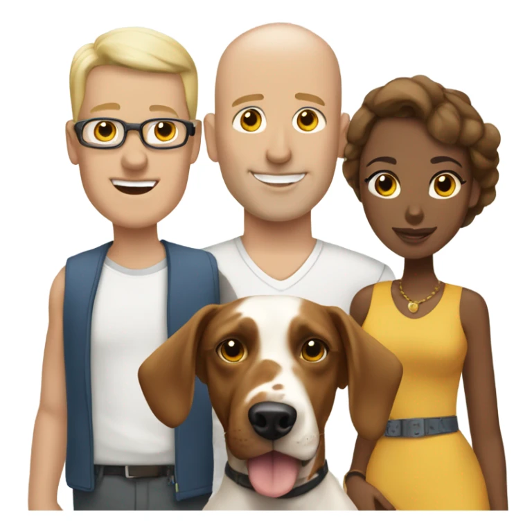 A bald white man with a brown-skinned woman and a Dalmatian dog beside them. sticker