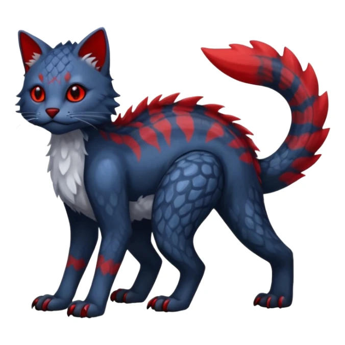 midnight blue-gray-black, with red markings, white belly, scaley scaly batty feline-like quadrupedal digitigrade furry feral Bastet-Noibat-Gatomon-Garchomp-Digimon-Fakémon-Pokémon-creature (full body) sticker