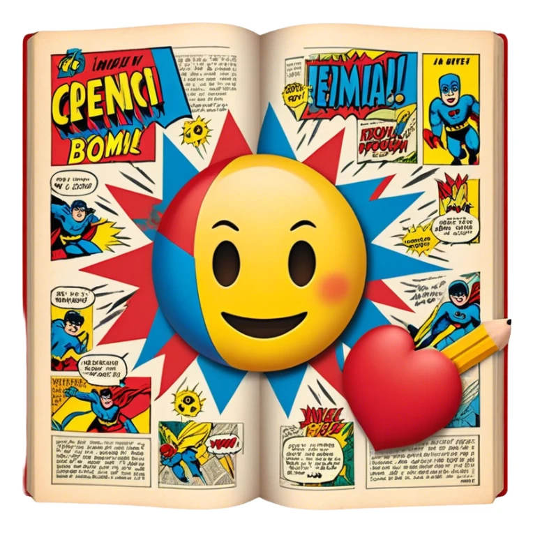 Create a vibrant emoji representing comic books and graphic novels as an art form. The design should feature a large, open comic book with vintage comic panels on the pages. Include a pencil (without a hand) gently writing text or sketching on the pages. The comic panels should have bold lines and retro-style artwork with classic comic book visuals. Use bright, energetic colors like red, yellow, and blue to evoke excitement and creativity. The overall design should feel dynamic, vintage, and artistic. Make the background transparent. sticker