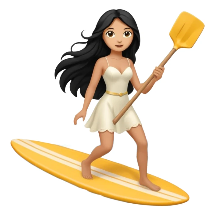 Bride black long hair holding her phone and long shovel with another hand. Under her feet, there is one surfing board. sticker
