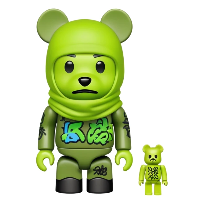 bearbrick toy wearing a lime green balaclava with graffiti style artwork sticker