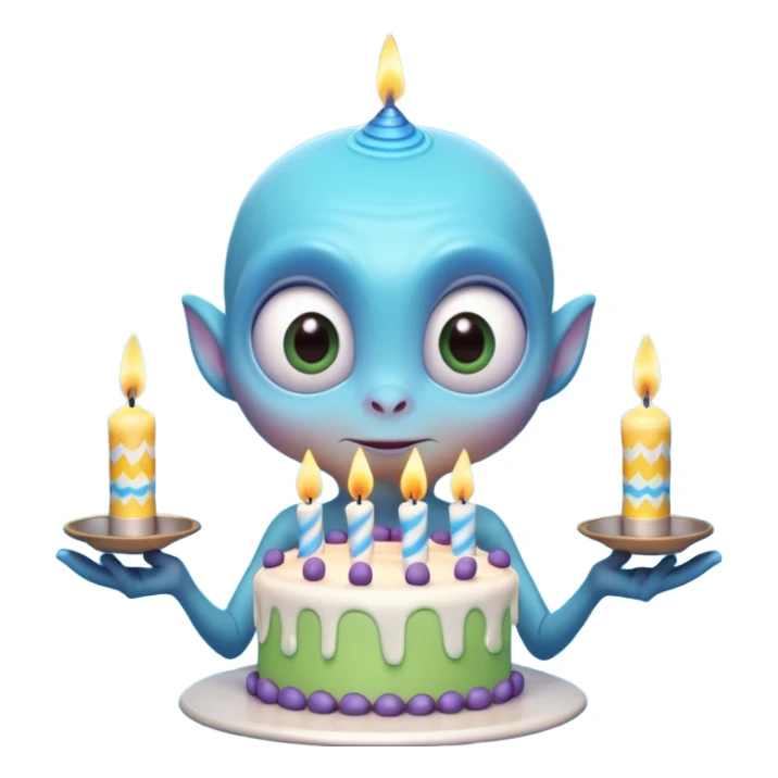 A cute friendly alien holding a birthday cake with candles, big expressive eyes, bright colors, cartoon style, playful atmosphere, 3D animated look, Pixar-inspired, highly detailed
 sticker