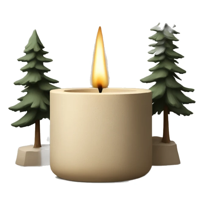 Candle in beige concrete vessel with painted pine trees sticker