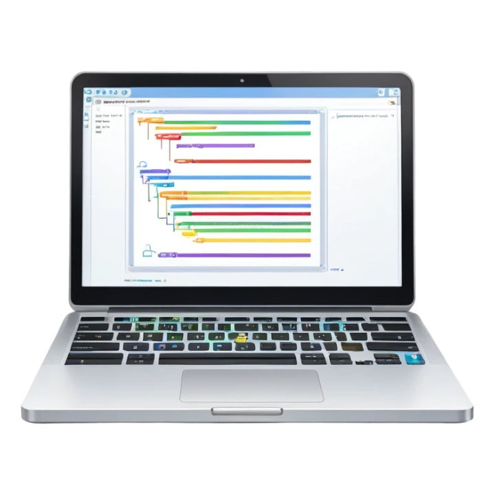 An icon featuring a laptop screen with colorful lines of code, brackets, and a blinking cursor, symbolizing programming. The design includes flowcharts, gear icons, and binary code, representing software development and logical problem-solving. Transparent background highlights the world of coding. sticker