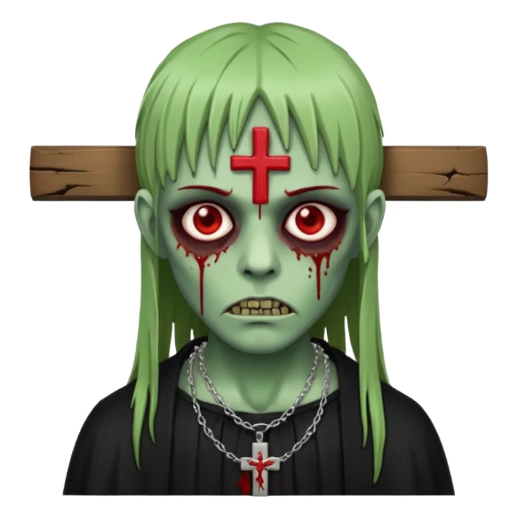 zumbi verde com olhos vermelhos sangrando e franja roupa preta e um crucifixo como colar sticker