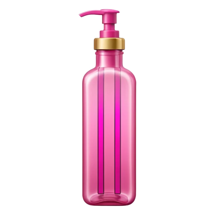 A tall, translucent bottle in a vibrant pink shade with a glossy finish. It has a rectangular shape with rounded edges and a thick base. The pump-style cap is metallic pink. In the center, there are curved graphic elements and vertical lines, with text in white and gold. sticker