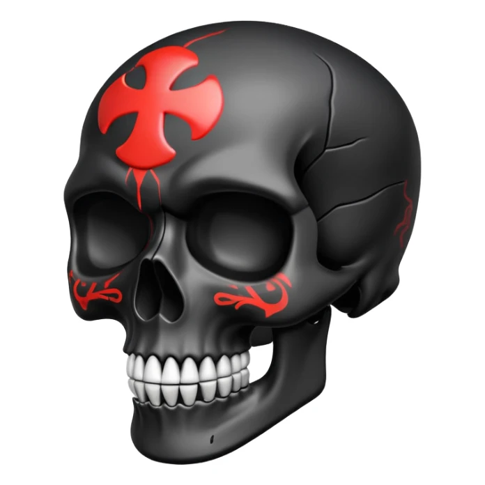 smooth black skull with rebellious graffiti and brand logos, slightly tilted angle sticker