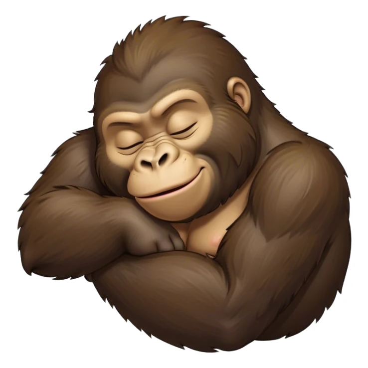 Meme-Worthy cute Sleeping Gorilla Portrait Emoji, Head resting peacefully with a contented smile, showcasing a luxuriant, thick Fur and eyes gently closed in serene slumber, Simplified yet hilariously adorable features, highly detailed, glowing with a soft, drowsy jungle light, high shine, relaxed and utterly lovable, stylized with an air of playful laziness, bright and heartwarming, soft glowing outline, capturing the essence of a sleeping gorilla that feels destined to become the next viral sensation of adorable rest! sticker
