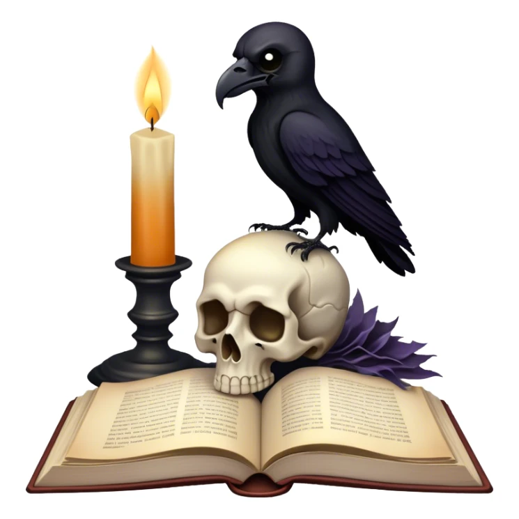 Icon for Horror and Mystery Reading: an open book with eerie shadows and mist rising from the pages, a candle, a skull, and a raven perched nearby. The icon should evoke the suspense, fear, and supernatural atmosphere of horror and mystery stories. Transparent background. sticker