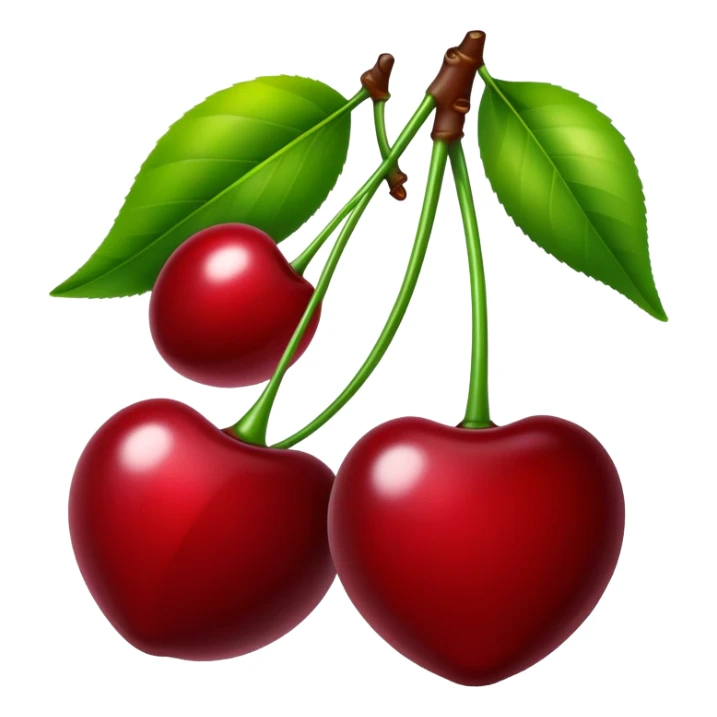Pair of vibrant deep red cherries with green stem, fruit sticker