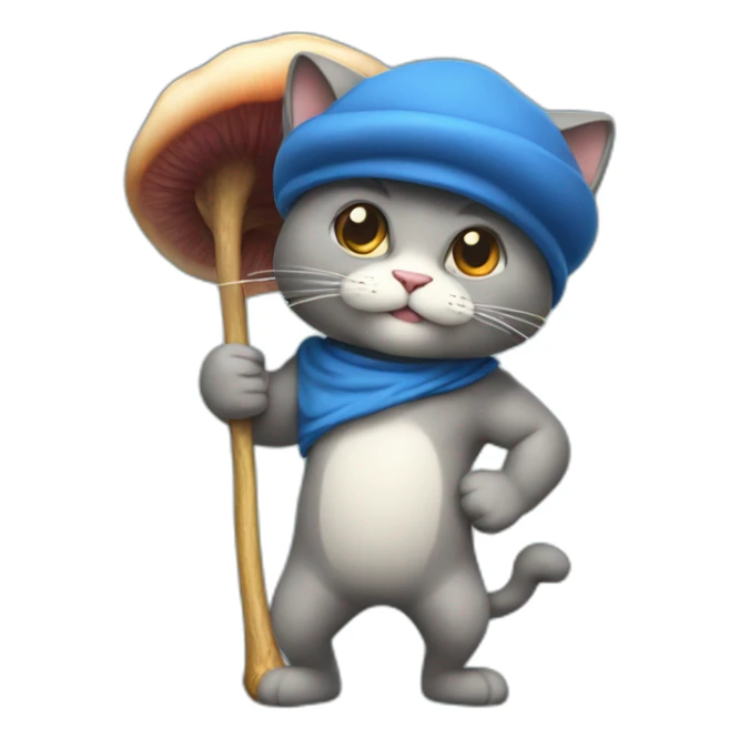 Strong muscles Blue cat NO ears  wearing a mushroom cap carrying a stick in one arm standing on two legs with pants sticker