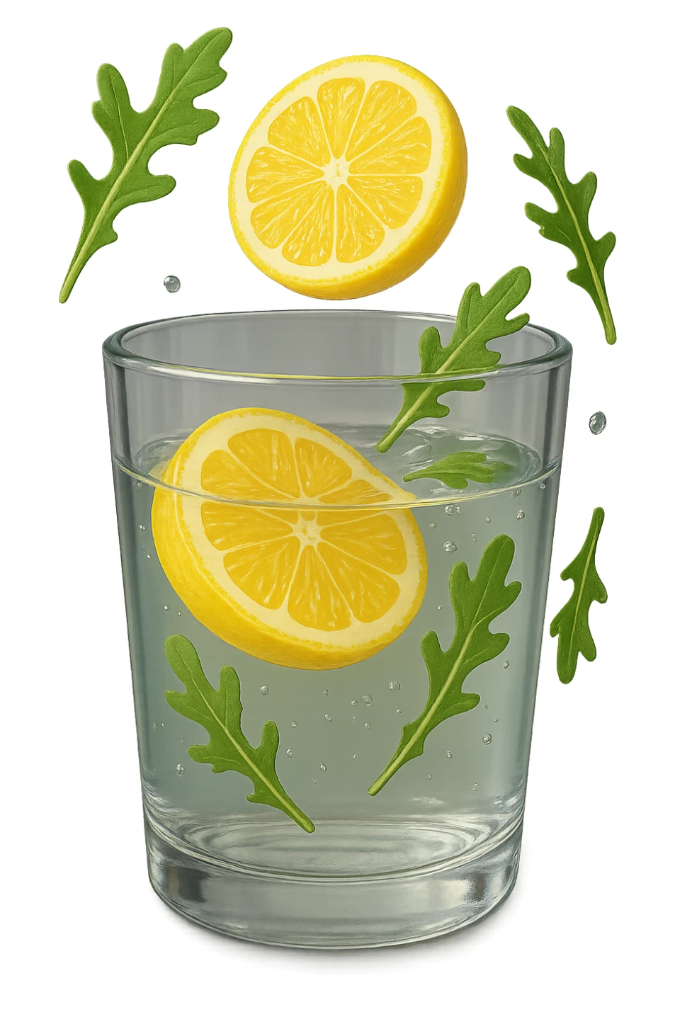 emoji stile iphone 3d di un bicchiere di acqua con limone e qualche foglia di rucola che fluttua intorno in aria, iperrealistico 4k sticker