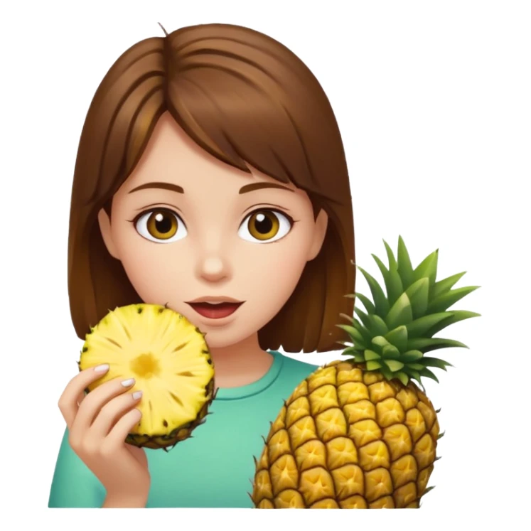 Girl with brown hair eating pinnapple sticker