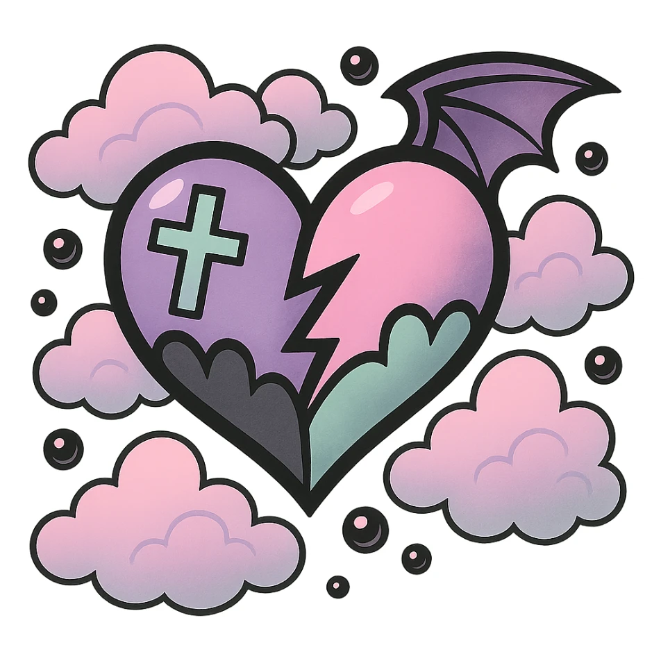 Remove the background, keep the pastel goth heart with pastel clouds and black pearls, transparent background. sticker