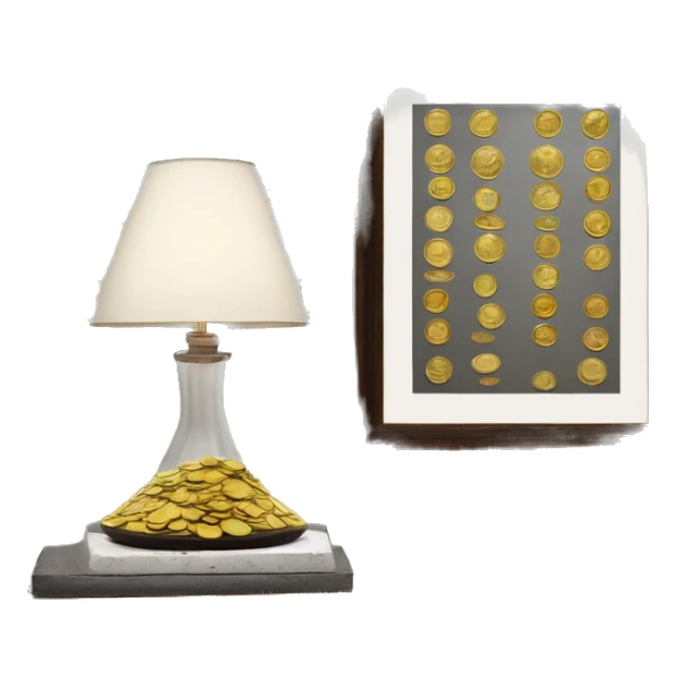 collectible coins next to a glass vase and framed art sticker
