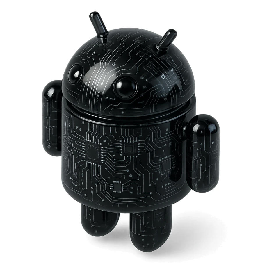 android robot, black, shiny, with circuit patterns, futuristic, glossy circuit style sticker