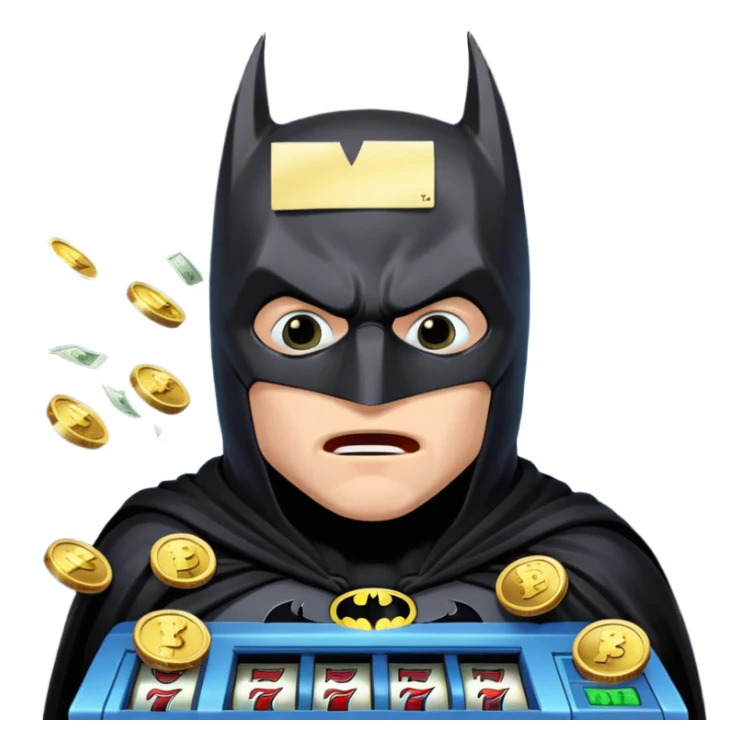 disheveled bat man losing money at a slot machine, panicked face, coins flying sticker