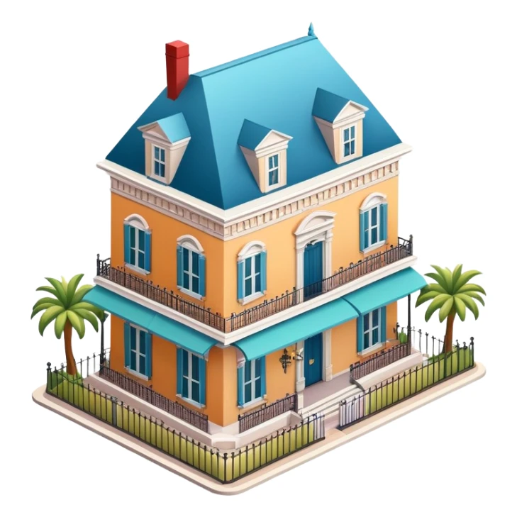 French Quarter mansion, isometric dollhouse-style, realistic sticker