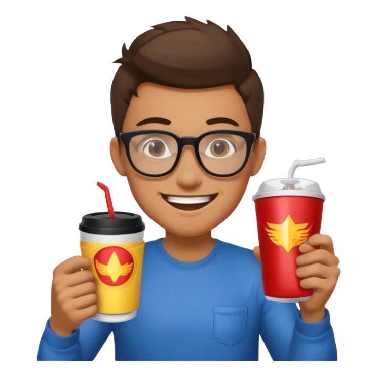 Gamer with big glasses and energy drink coffee sticker