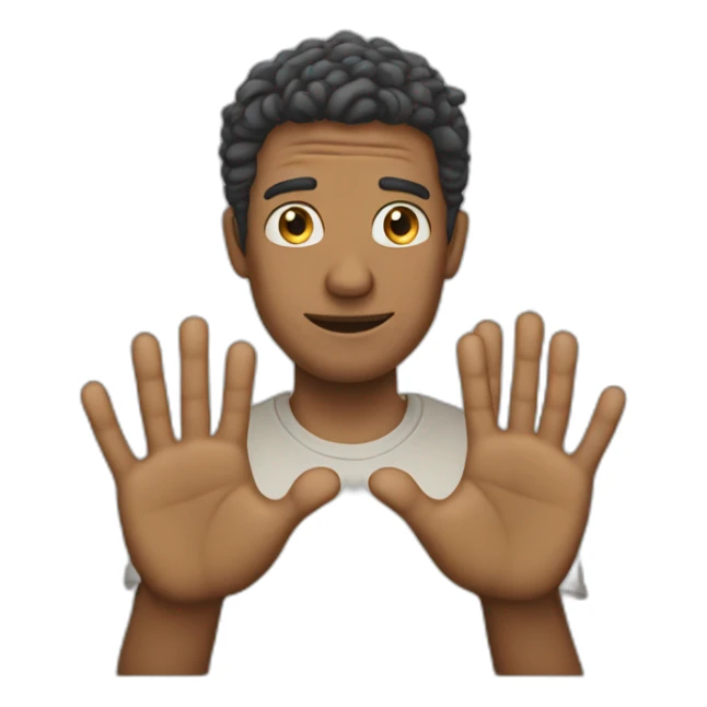 Man holds up hand with too many fingers sticker