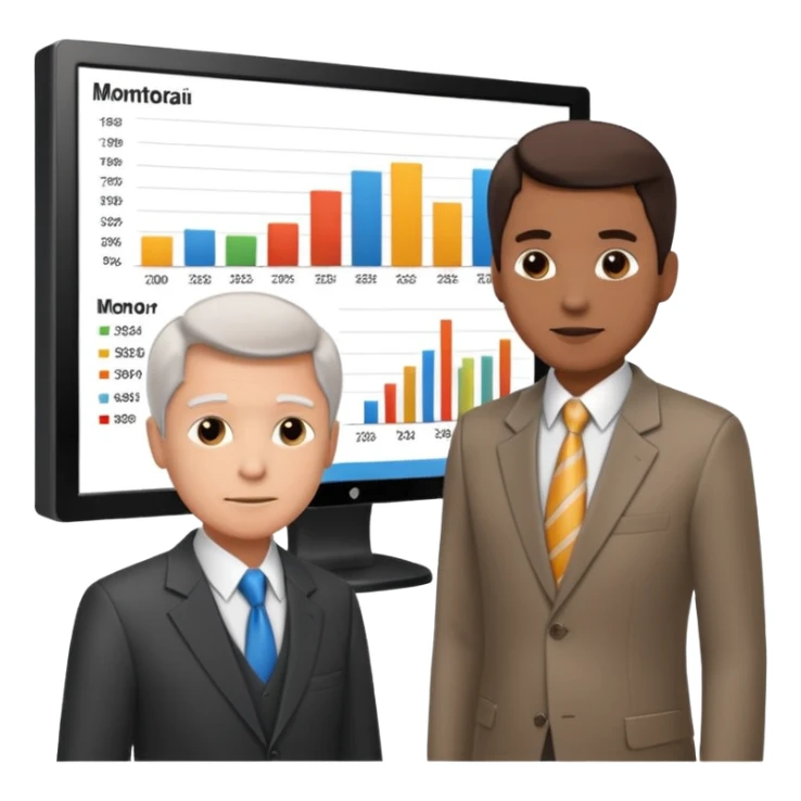 teaching somebody else in person, in the same place, watching the same monitor together, the trainee and trainer are in the similar age, two both are men, the monitor should be showing some data graphs sticker