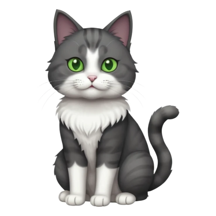 full body view of beautiful female solid dark grey cat with green eyes, white toes and white patch on chest sticker