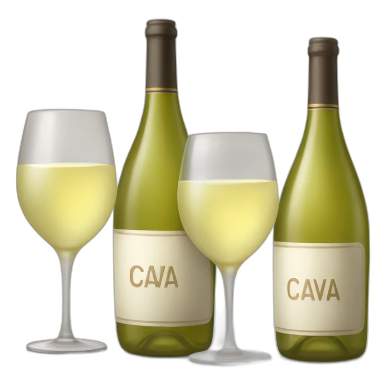 one big bottle with sign "CAVA" and two same clinking glasses of white wine sticker