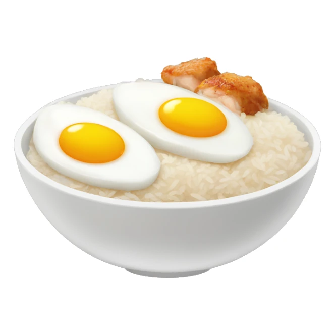 a bowl of rice with two eggs and chicken thigh sticker