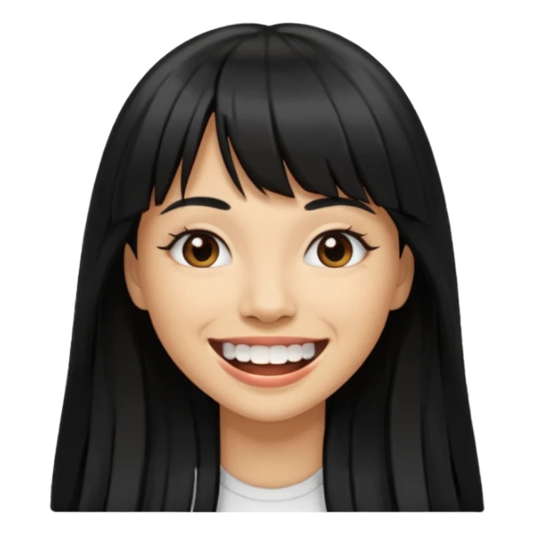 Woman a little tan with long black hairs and bangs, appearing teeth sticker