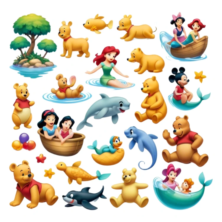collage icon for animated movies: Include iconic characters like Goofy, Mickey Mouse, Winnie the Pooh, Ariel (The Little Mermaid), Jasmine, and others. Arrange them in a fun, vibrant scene full of playful elements. Bright, cheerful colors with a whimsical, animated style. Transparent background. sticker