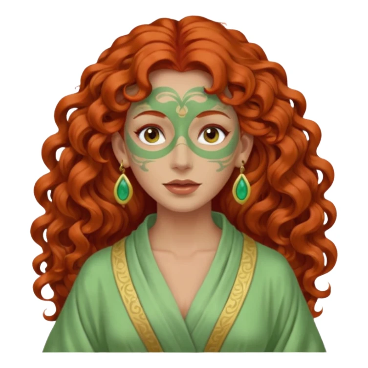 red haired very long curly haired woman with full face light green clay mask  and big earrings  sticker