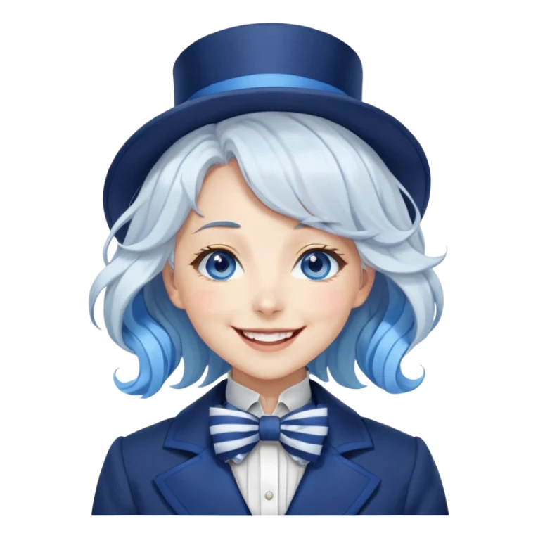 Beautiful gorgeous anime lady with white wavy hair with thin blue stripes, blue eyes, blue short top hat with a blue bow tie, smug grin, laughing, happy, blue coat, blue cravat, white gloves sticker