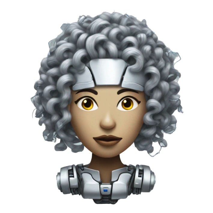Silver curly hair female cyborg head with mask and circuits sticker
