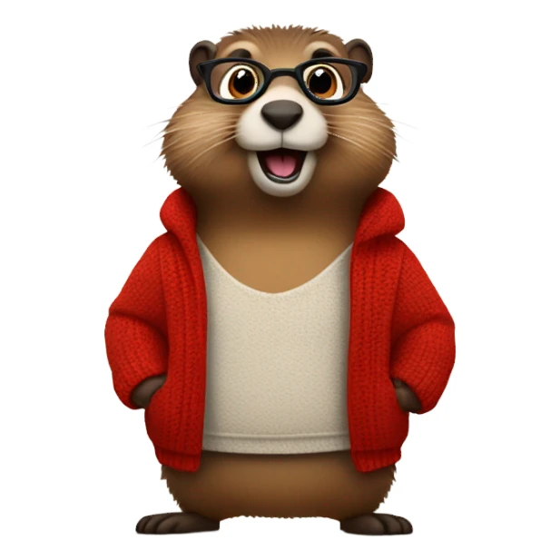 cute groundhog in a fully red sweater and glasses full body shown sticker