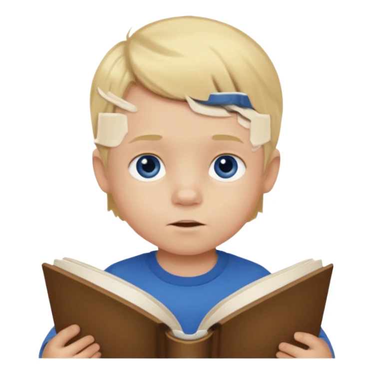 Dirty blonde toddler boy with dark blue eyes with book indoors sticker